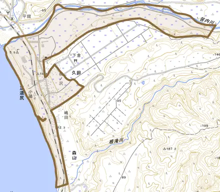 大字正道尻とその周辺の地図。町の範囲を重ねている
