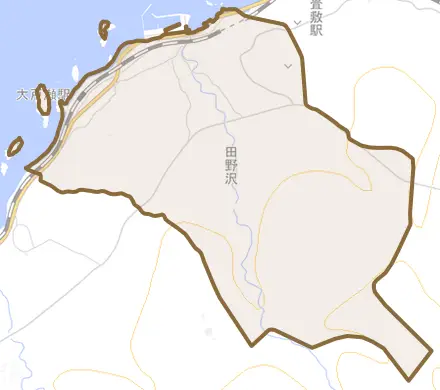 大字田野沢とその周辺の地図。町の範囲を重ねている
