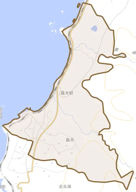 大字驫木とその周辺の地図。町の範囲を重ねている