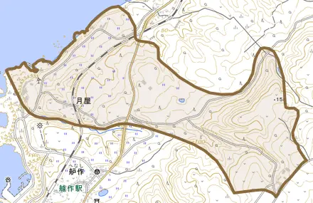 大字月屋とその周辺の地図。町の範囲を重ねている