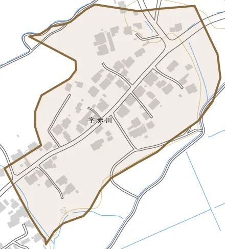 字赤川とその周辺の地図。町の範囲を重ねている