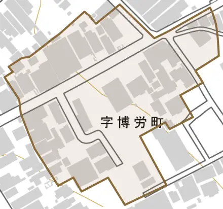 字博労町とその周辺の地図。町の範囲を重ねている
