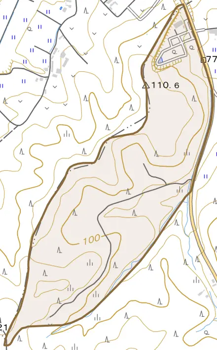字大工窪とその周辺の地図。町の範囲を重ねている