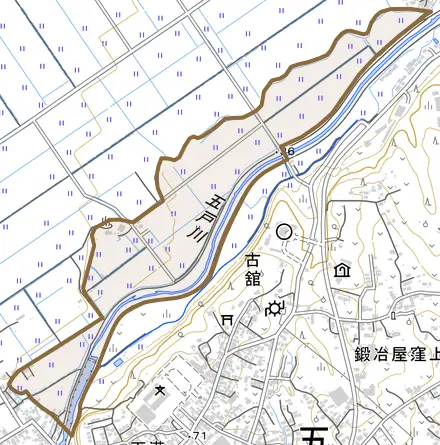 字筒口川原とその周辺の地図。町の範囲を重ねている