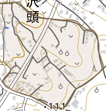 字土井頭とその周辺の地図。町の範囲を重ねている