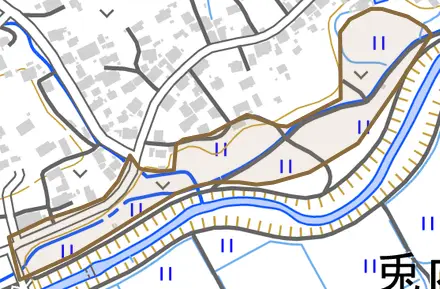 字蛯川前川原とその周辺の地図。町の範囲を重ねている