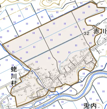 字蛯川村とその周辺の地図。町の範囲を重ねている