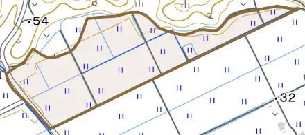 字蛯川後とその周辺の地図。町の範囲を重ねている