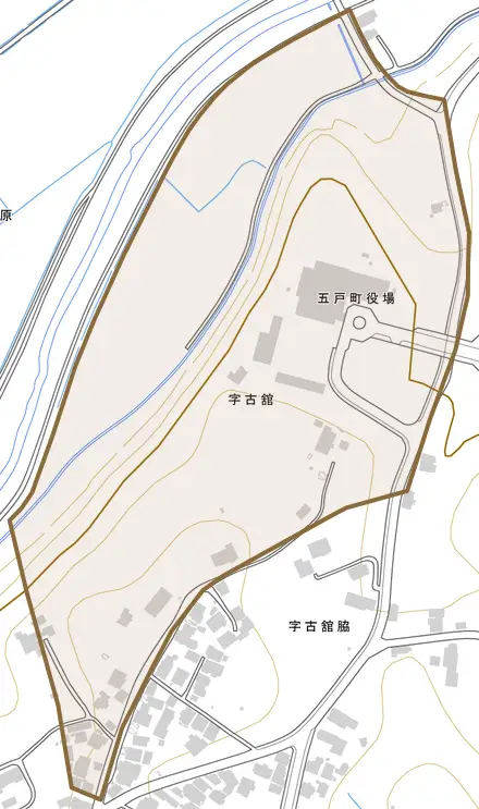 字古舘とその周辺の地図。町の範囲を重ねている