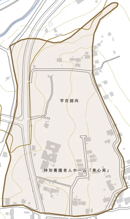字古舘向とその周辺の地図。町の範囲を重ねている