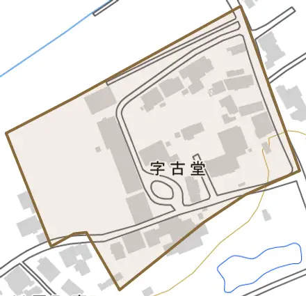 字古堂とその周辺の地図。町の範囲を重ねている