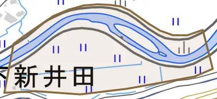 字花道川原とその周辺の地図。町の範囲を重ねている
