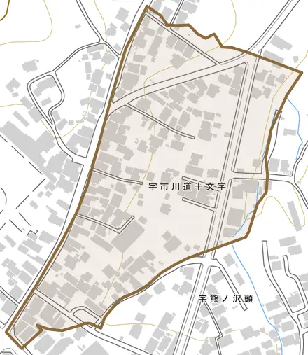 字市川道十文字とその周辺の地図。町の範囲を重ねている