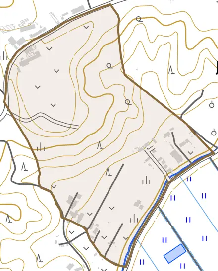 字銀杏木とその周辺の地図。町の範囲を重ねている