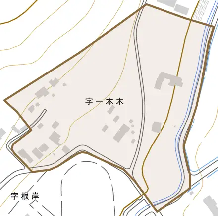 字一本木とその周辺の地図。町の範囲を重ねている