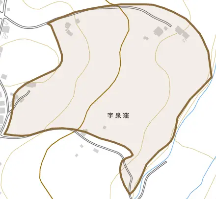 字泉窪とその周辺の地図。町の範囲を重ねている