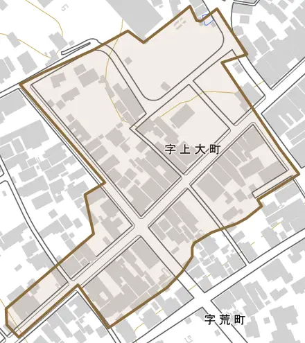 字上大町とその周辺の地図。町の範囲を重ねている