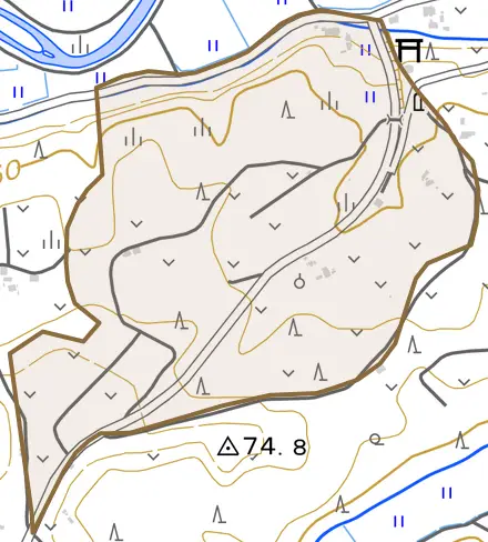 字上兎内とその周辺の地図。町の範囲を重ねている