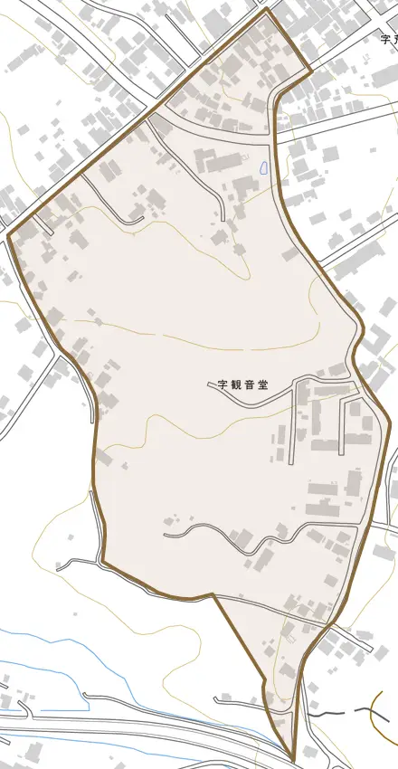 字観音堂とその周辺の地図。町の範囲を重ねている