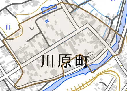 字川原町とその周辺の地図。町の範囲を重ねている