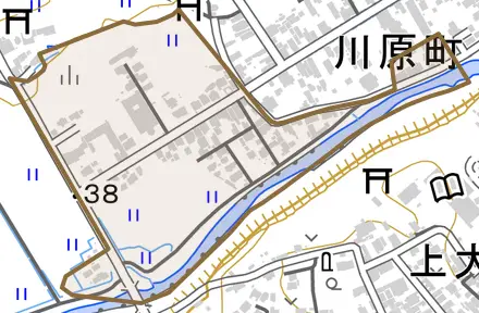 字川原町西裏とその周辺の地図。町の範囲を重ねている