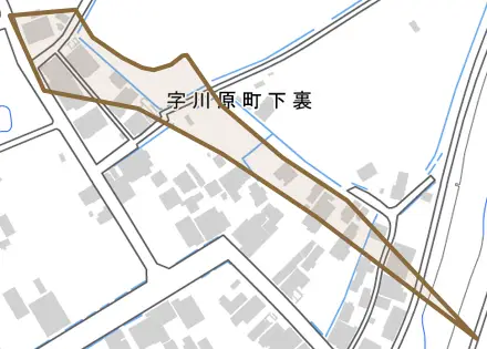 字川原町下裏とその周辺の地図。町の範囲を重ねている