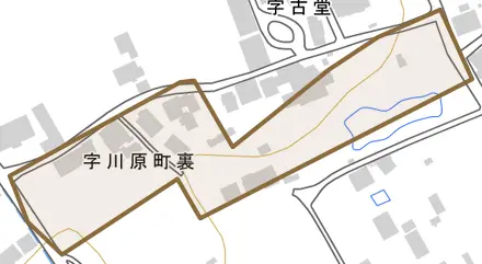 字川原町裏とその周辺の地図。町の範囲を重ねている