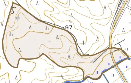 字毛無森とその周辺の地図。町の範囲を重ねている