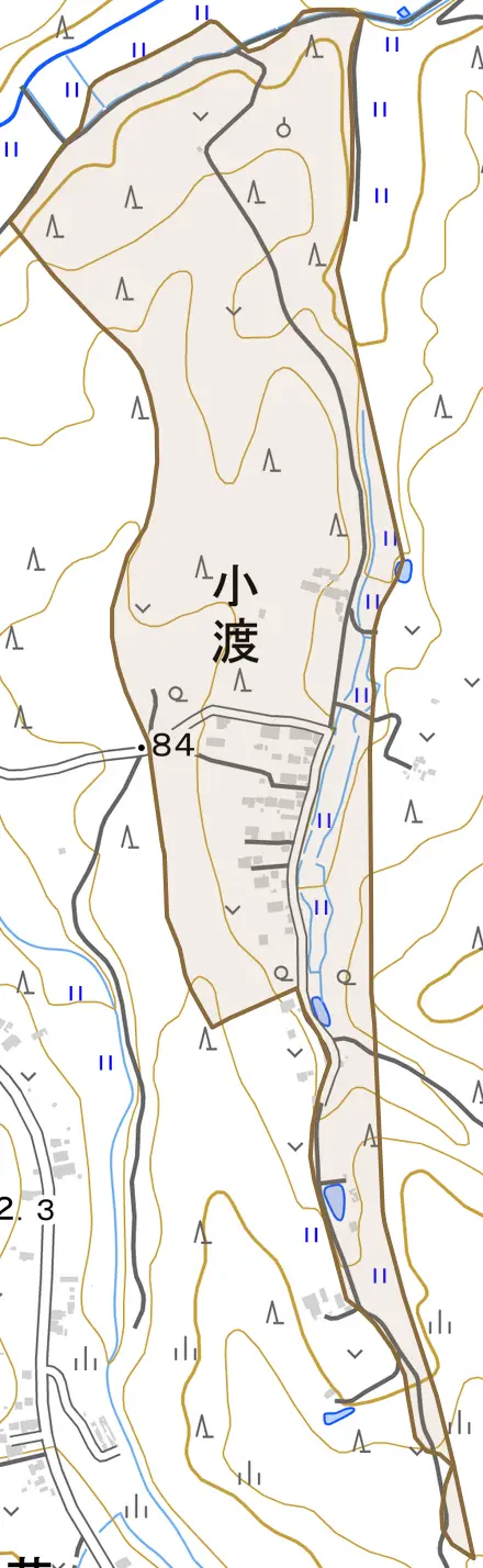 字小渡とその周辺の地図。町の範囲を重ねている