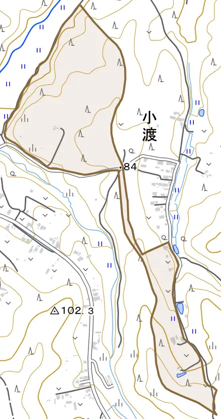 字小渡頭とその周辺の地図。町の範囲を重ねている