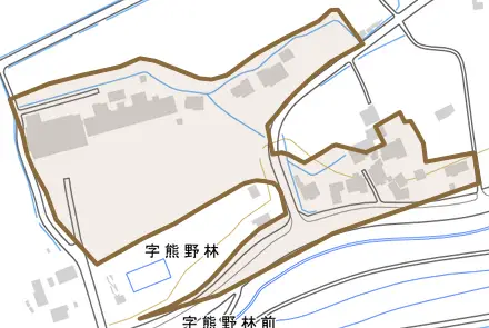 字熊野林とその周辺の地図。町の範囲を重ねている