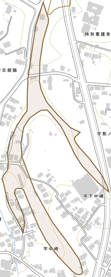 字熊ノ沢とその周辺の地図。町の範囲を重ねている