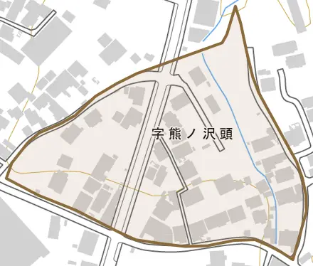字熊ノ沢頭とその周辺の地図。町の範囲を重ねている