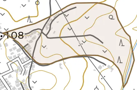字久蔵窪とその周辺の地図。町の範囲を重ねている