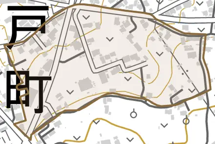 字中道とその周辺の地図。町の範囲を重ねている