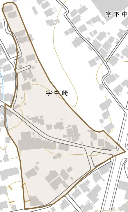 字中崎とその周辺の地図。町の範囲を重ねている