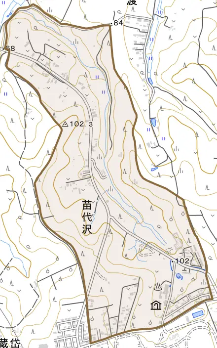 字苗代沢とその周辺の地図。町の範囲を重ねている