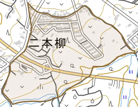 字二本柳とその周辺の地図。町の範囲を重ねている