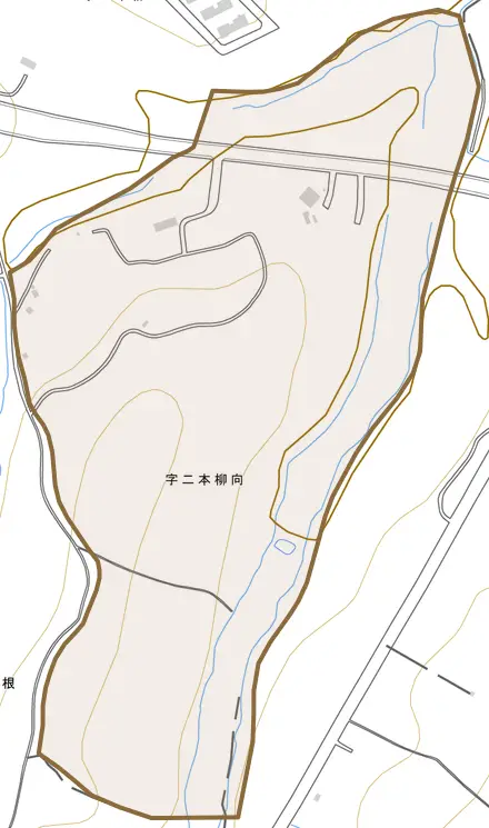 字二本柳向とその周辺の地図。町の範囲を重ねている