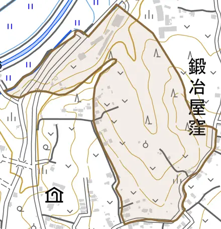 字西ノ沢とその周辺の地図。町の範囲を重ねている