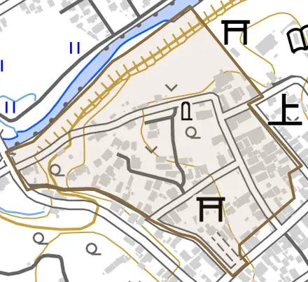 字野月とその周辺の地図。町の範囲を重ねている
