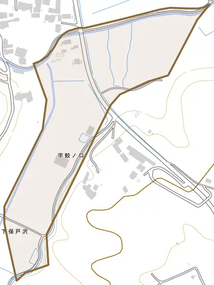 字鮫ノ口とその周辺の地図。町の範囲を重ねている
