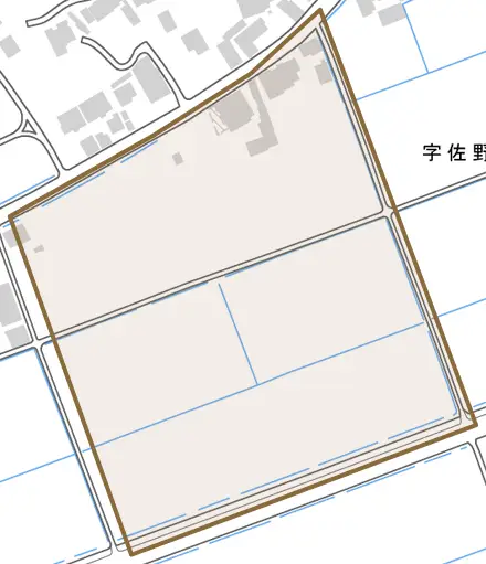 字佐野上谷地とその周辺の地図。町の範囲を重ねている