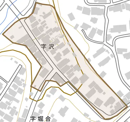 字沢とその周辺の地図。町の範囲を重ねている