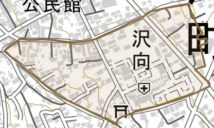 字沢向とその周辺の地図。町の範囲を重ねている