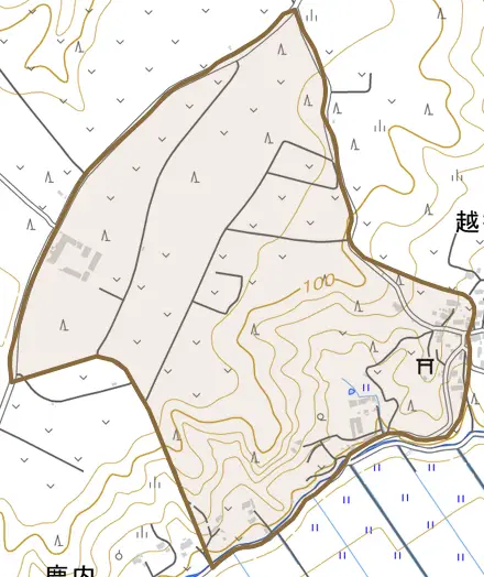 字鹿内下モとその周辺の地図。町の範囲を重ねている