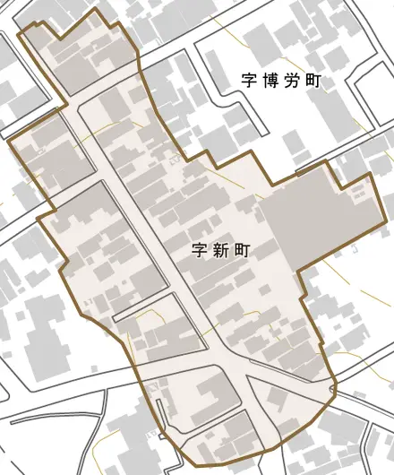 字新町とその周辺の地図。町の範囲を重ねている
