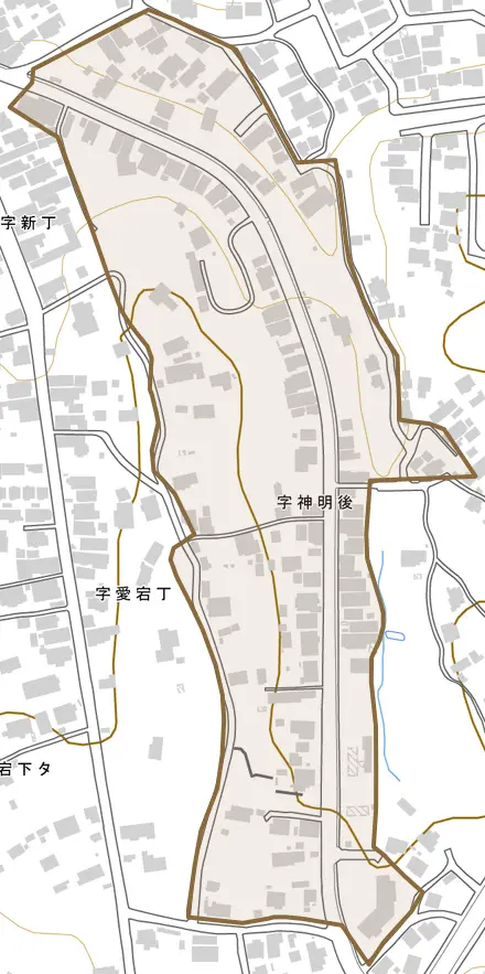 字神明後とその周辺の地図。町の範囲を重ねている