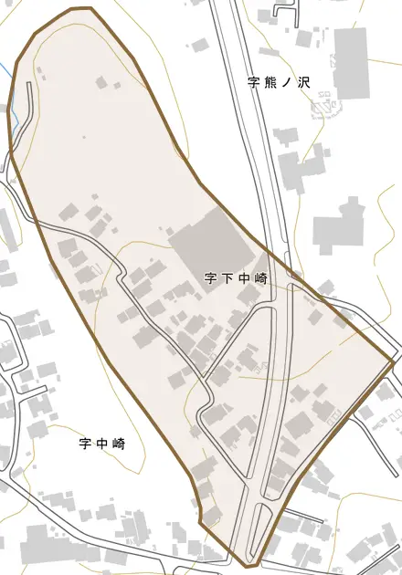 字下中崎とその周辺の地図。町の範囲を重ねている