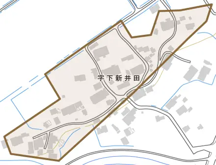 字下新井田とその周辺の地図。町の範囲を重ねている